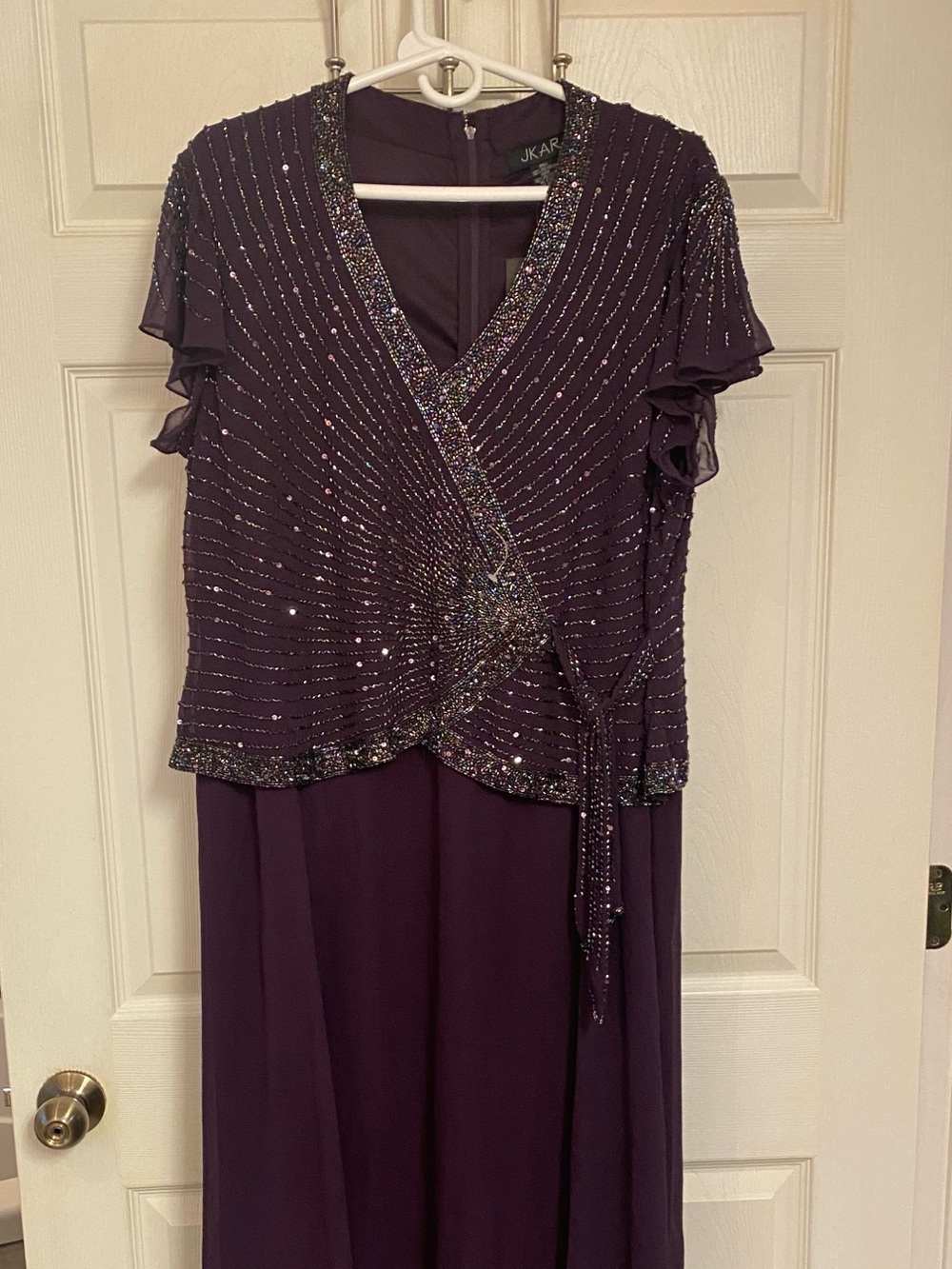 J Kara Deep Purple Beaded Wrap Maxi Dress